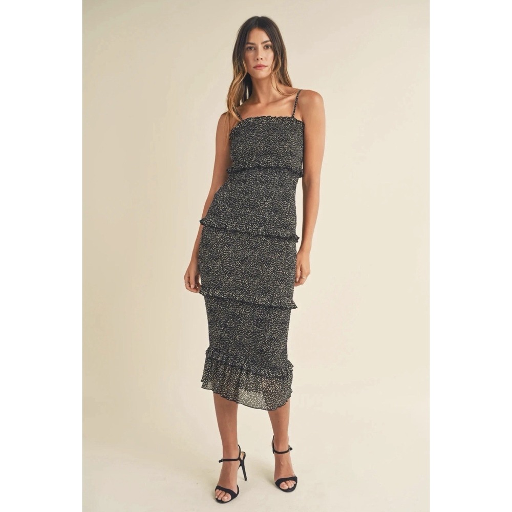 Mable Black Floral Smocked Tiered Esme Sz S Midi Dress‎ Bodycon Wedding Summer